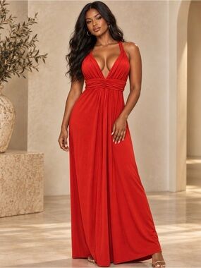 T-Bags Los Angeles Red V-Neck Maxi Dress with Twisted Waist Size L
